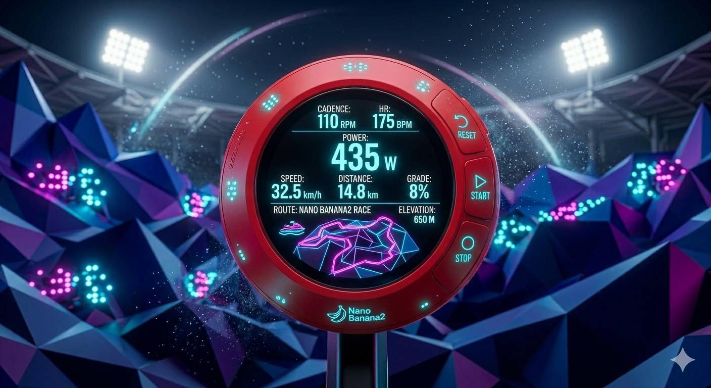 A highly detailed close-up of a modern stationary cycling machine dashboard showing intense metric data in a neon-lit studio, cinematic atmosphere, 8k, Nano Banana2